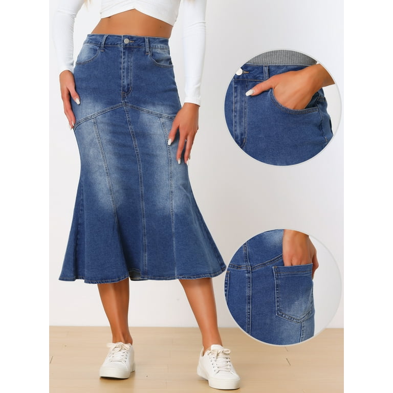 Unique Bargains Fishtail Denim Skirt for Women s Washed Midi Jean Bodycon Skirt XS Blue Walmart