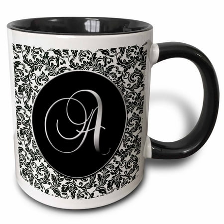 

3dRose Letter A - Black and White Damask - Two Tone Black Mug 11-ounce