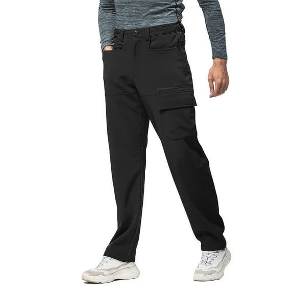Fleece Lined Cargo Pants for Men with Multi-Pockets Elastic Waist Trousers Casual Straight Leg Solid Color Thermal Warm Hiking Work Pant