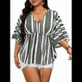 thumbnail image 3 of Camiseta de Verano Holgada de Corta con Cuello en V y Rayas para Mujer, Talla Grande, para Vacaciones Verde 5XL, 3 of 9