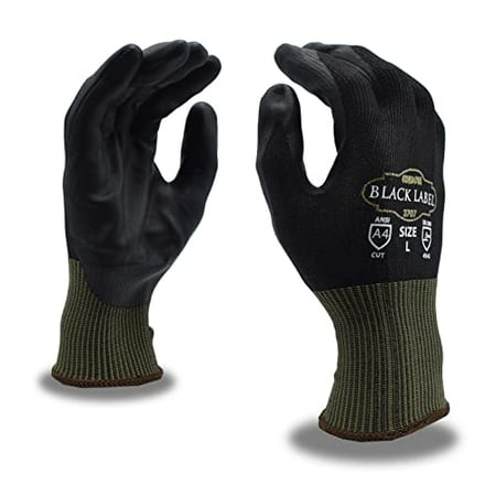 

10-Pack of Cordova 3707M Black Label 13-Gauge Black HPPE/Steel Shell Work Gloves Black PPU (Polymer-Polyurethane) Palm Coating ANSI Cut Level A4 Medium