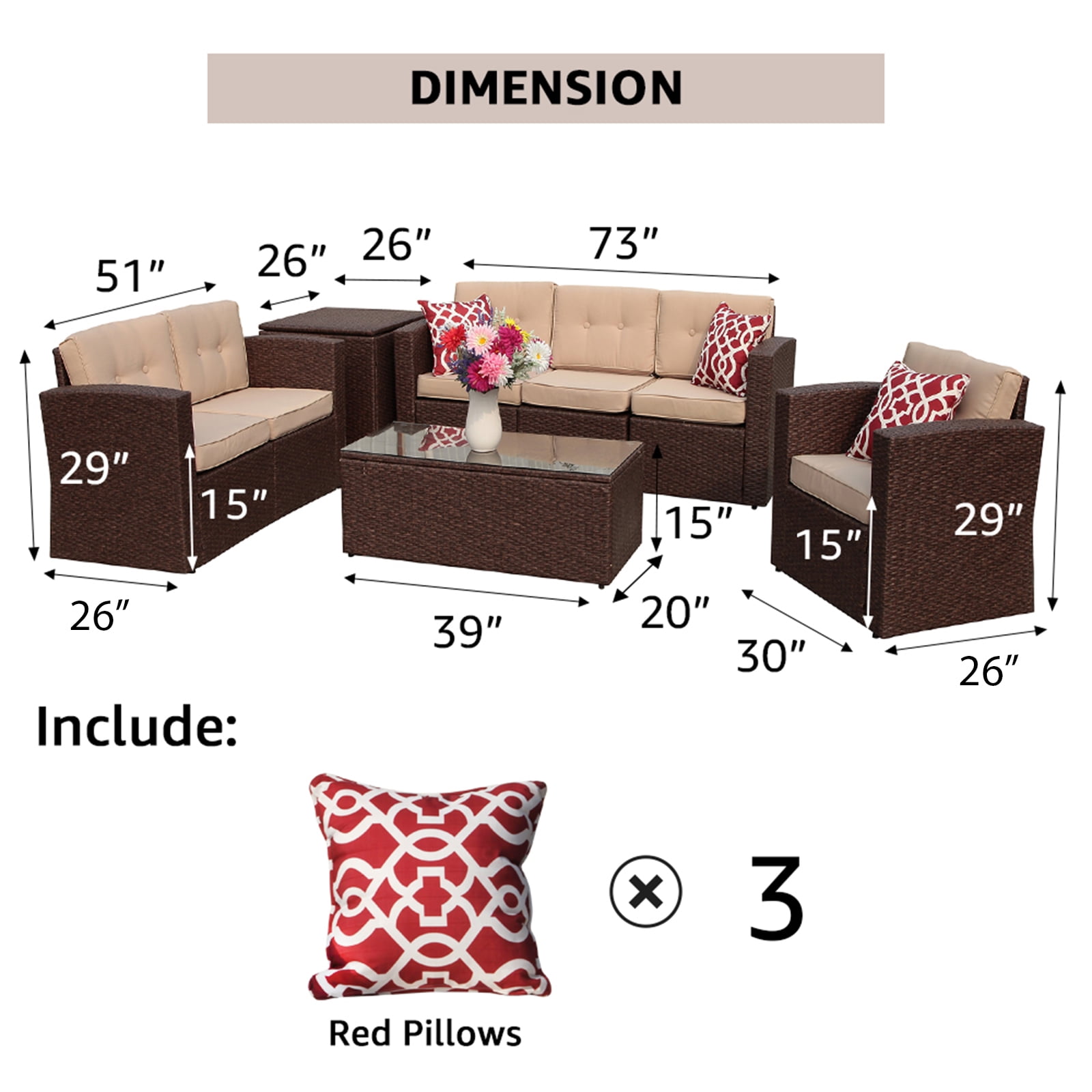 JOIVI 8 Pc Outdoor Furniture Set with Storage Box, Wicker Rattan Patio Conversation Set with Sectional Sofa Couch for 6 People, Espresso Brown