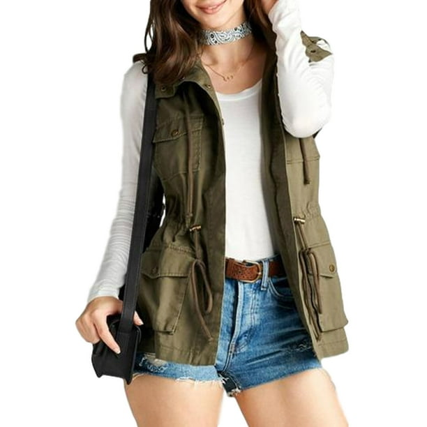 Women's Sleeveless Hooded Anorak Cotton Cargo Utility Vest (Medium