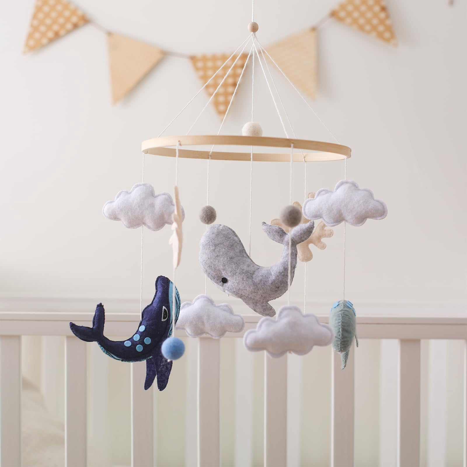 HYPERLIVING Baby Crib Mobile Ocean Nursery Mobile for Boys Girls Handmade Felt Mobile for Crib Nursery Decor for Infant Bedroom Hanging Baby Mobile for Bassinet Newborn Baby Gift（Whales）