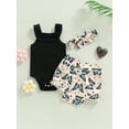 thumbnail image 3 of Miaouyo  Infant Baby Girls Summer 3PCS Romper Outfit ,Toddler Girls  Sleeveless Romper + Flower/Rainbow/Butterfly Print Shorts + Hairband Clothing Set,0-18 Months, 3 of 9