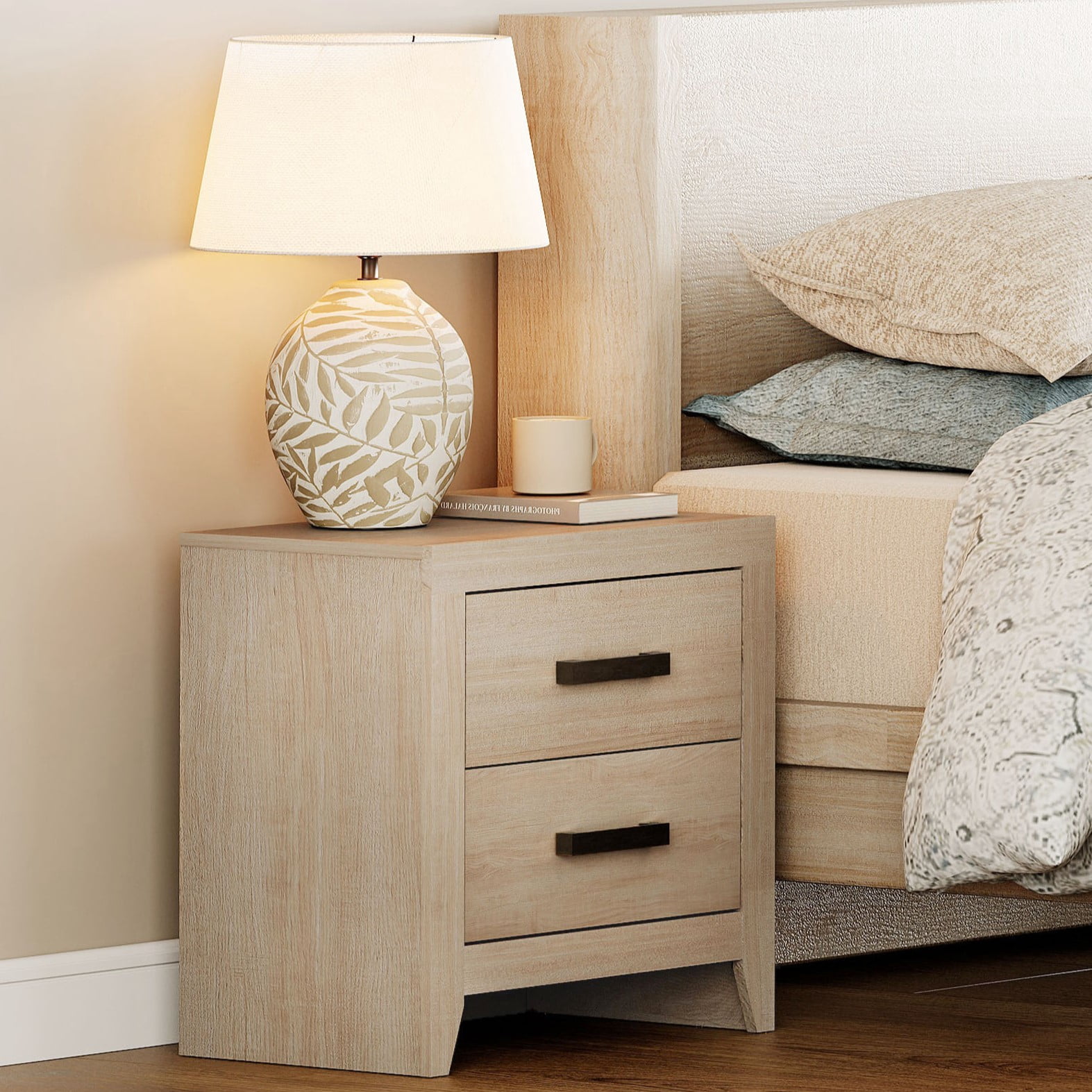Farmhouse Rustic Wooden Nightstand With 2 Smooth‑Glide Storage Drawers,Solid‑Base Bedside End Table,Multi‑Purpose Accent Side Cabinet For Bedroom,Living‑Room,Beige