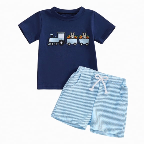Hessimy Toddler Boy Shorts Set Summer Clothes Short Sleeve Lapel T-shirt Shorts Outfit（Blue,6-12 Months)