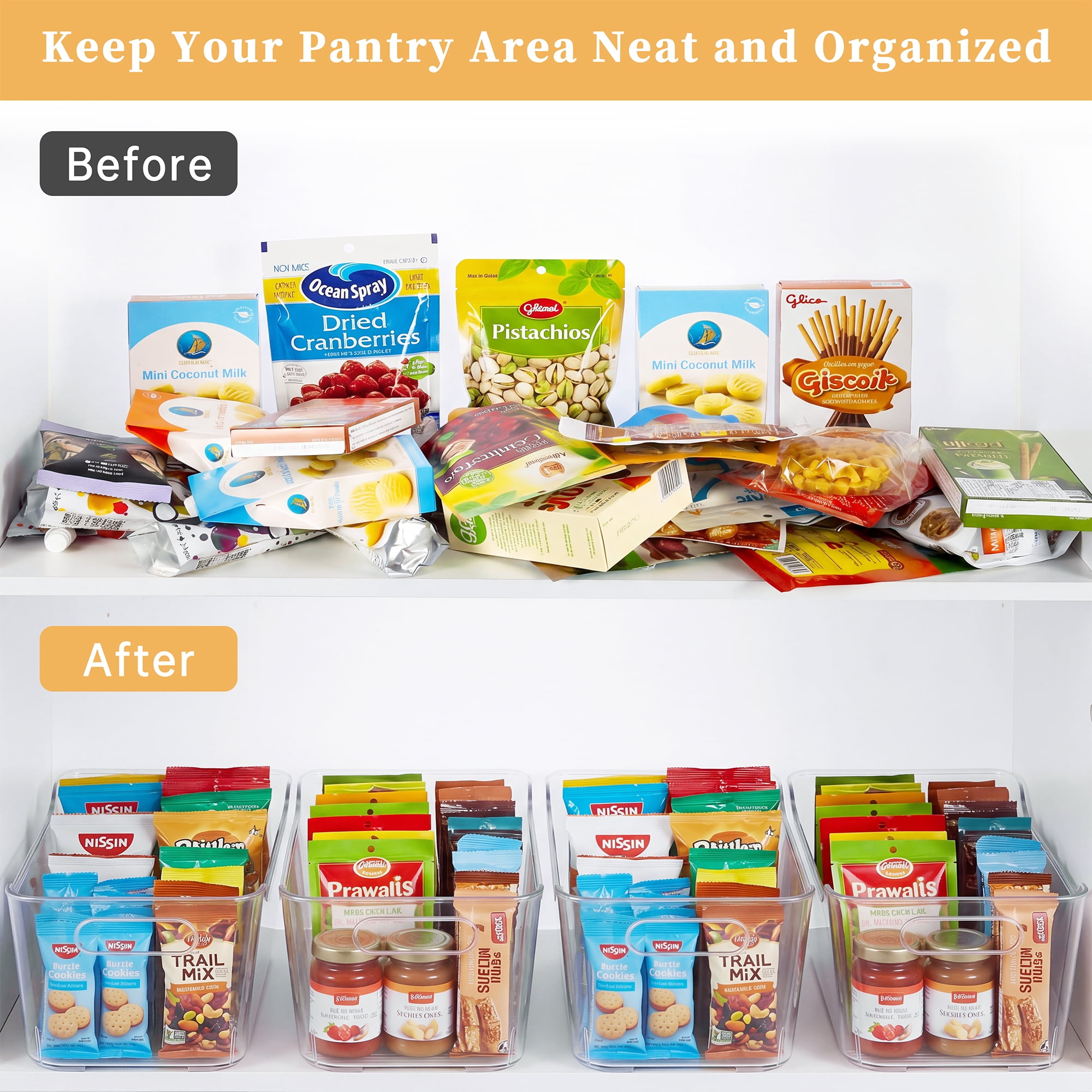 4 Pack Storage Organizer Bins, Large Plastic Cabinet Organizer with Handle, Clear  Storage Containers for Bathroom,Office,Kitchen,Fridge,Closet,Pantry (12"x 8.5"x 5.1")