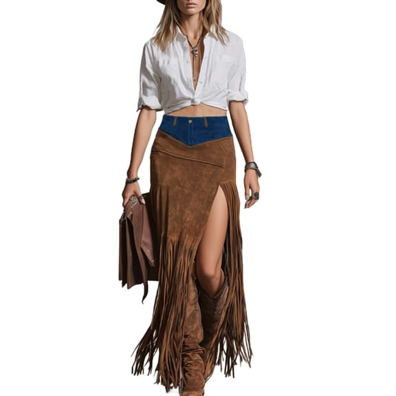 hoksml Women's Faux Suede Fringe Maxi Skirt, High Waist Color Block Skirt with Side Zipper and High Slit for Western Style Events