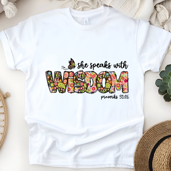 She Speaks With Wisdom Proverbs 31:26 Christian Floral T-Shirt, White, Size S