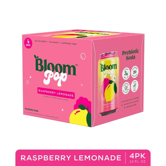 Bloom Nutrition Pop Prebiotic Soda, Raspberry Lemonade,12 fl oz, 4 Pack Cans