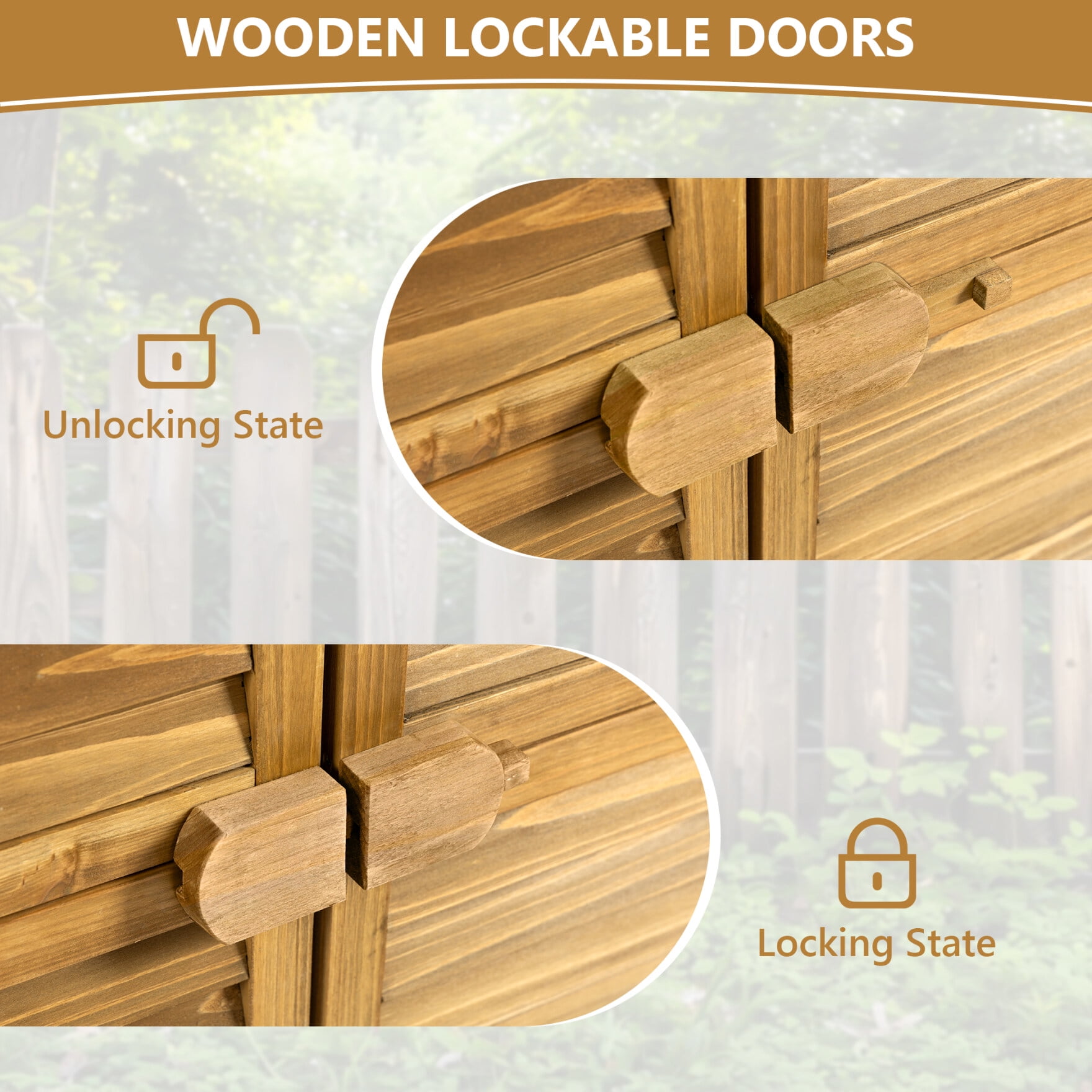 Outdoor Storage Cabinet with Lockable Door & Waterproof Roof, 2 Removable Shelves for Garden Tools, Durable Wood Shed for Patio & Backyard, Compact Vertical Design