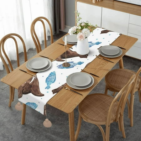 

Watercolor Brown Walrus Table Runner Imitation Linen Table Runner With Khaki Tassels For Party And Dining Room 14 x 60