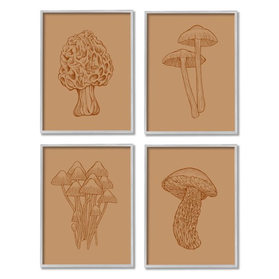 Stupell Industries Rustic Cottage Mushroom Sketches Graphic Art Gray Framed Art Print Wall Art, Set of 4, Design by Ziwei Li