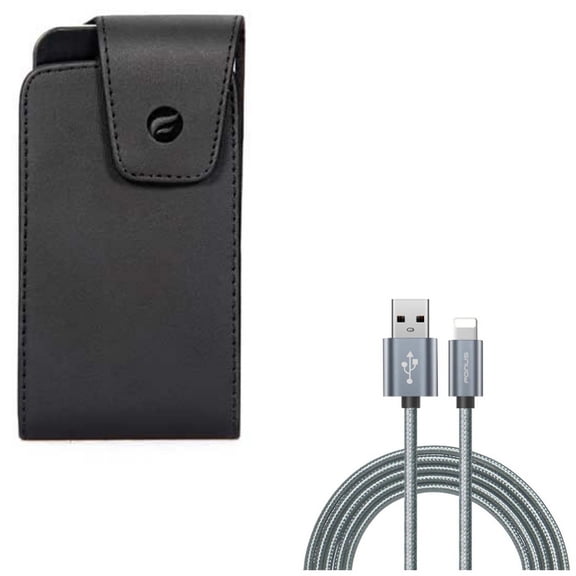 6ft USB Cable w Case Belt Clip for iPhone XS/X - Charger Cord Power Wire Braided Long, Leather Swivel Holster Vertical Cover for iPhone XS/X