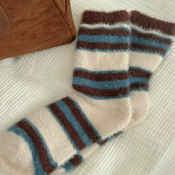suxuMhao Color Blocked Striped Socks, 5 Pairs Calf Crew Socks, Soft Fluffy Thermal Retro Socks, Blue/ Brown/ White Color, One Size Fits Most, Comfortable Socks for Daily Wear