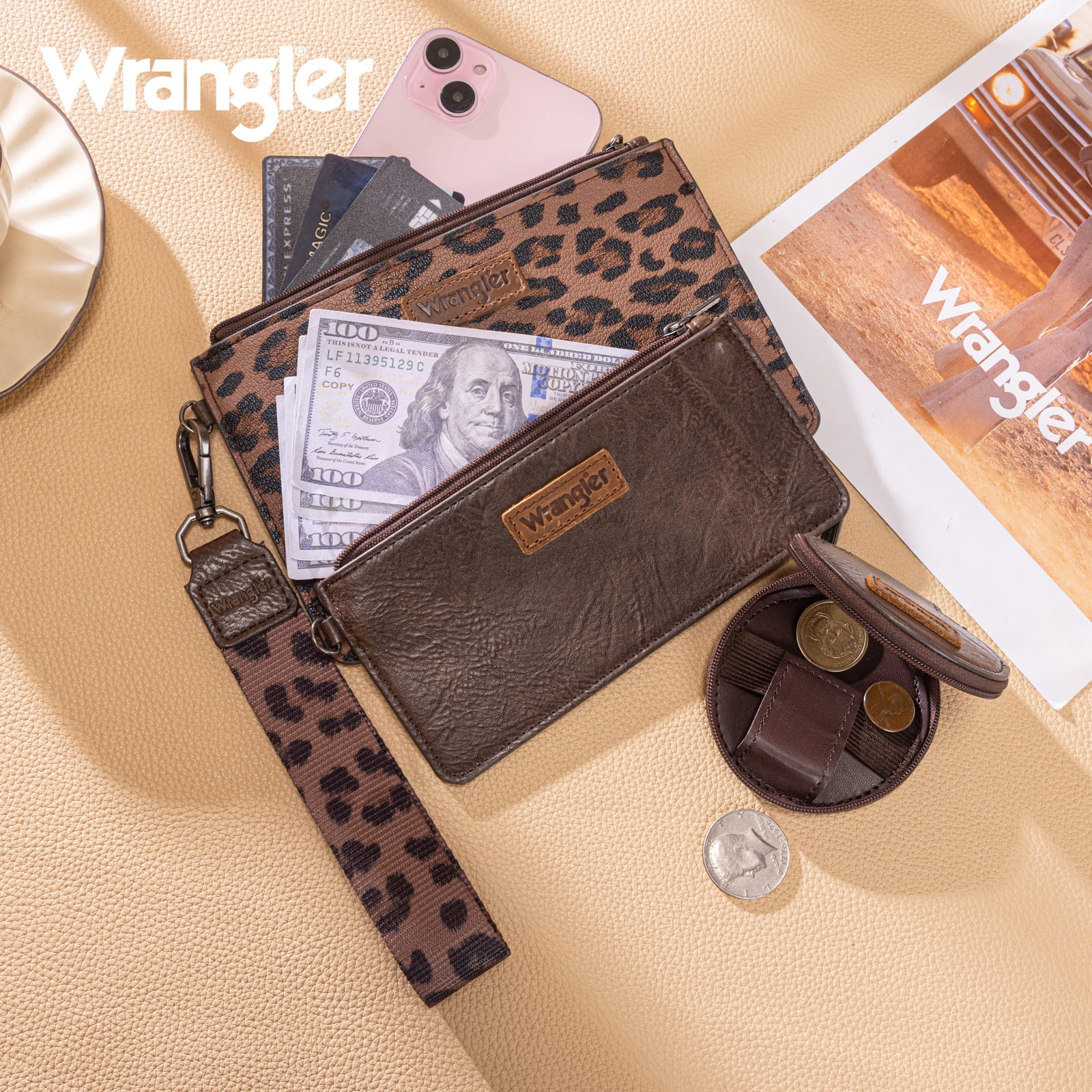 Wrangler Women's Keychain Wristlet Wallet Dual Pouch Design with Zipper Coin Purse, Spacious & Easy to Carry, Coffee