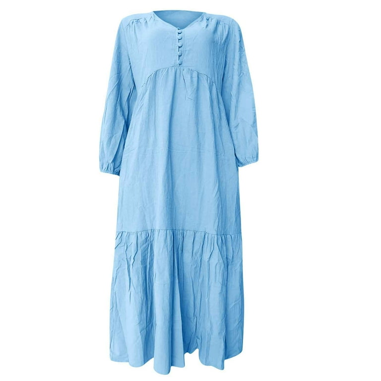 Cotton Linen Dress for Women,Summer Plus Size Long Sleeve Crew