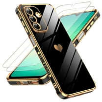 LeYi for Galaxy A26-5G Case: with Tempered Glass Screen Protector [2 Pcs]  Full Camera Lens Protection,Love Heart Plating Cute Luxury Soft TPU Shockproof Case for Samsung A26 5G,Black