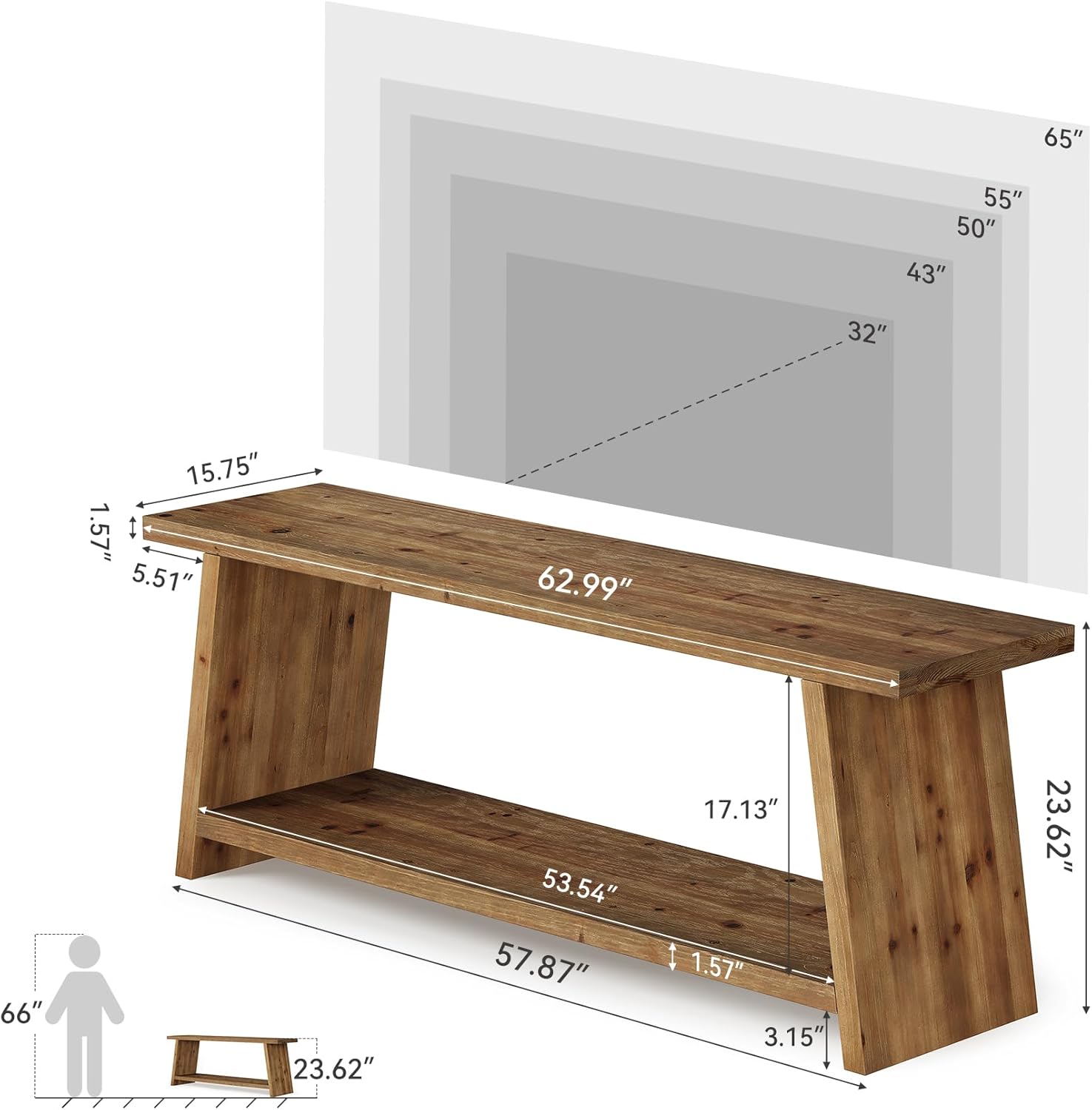 Finmind 2-Tier Solid Wood TV Stand, 63 inch Farmhouse Media Console for 55/60/65 inch TV, Entertainment Center with Storage  for Lving Room, Bedroom