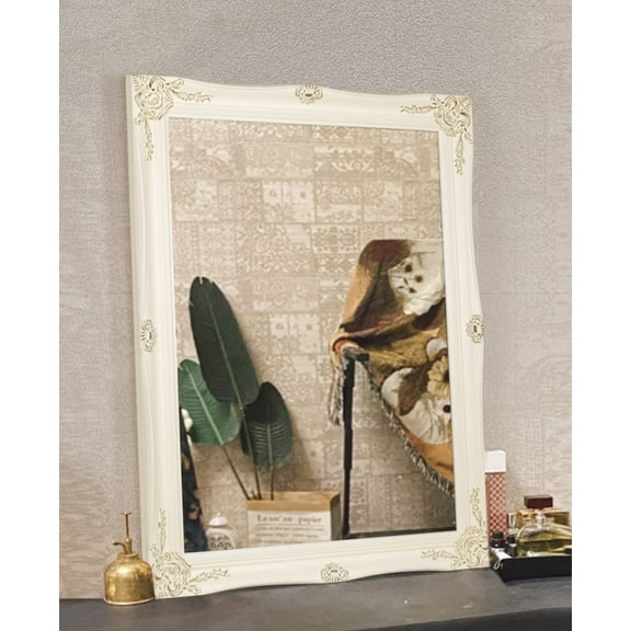 H-A Rustic Wall Mirror for Bathroom, White Vanity Mirrors for Wall Decor, Antique Ornate Mirror for Living Room, Bedroom, Hallway 32''x24''