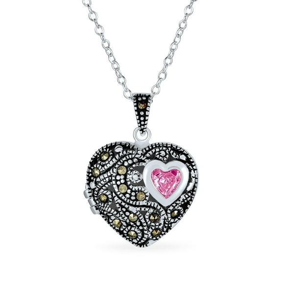 Bling Jewelry Womens Keepsake Vintage Style Marcasite Pink Heart Locket Necklace Sterling Silver