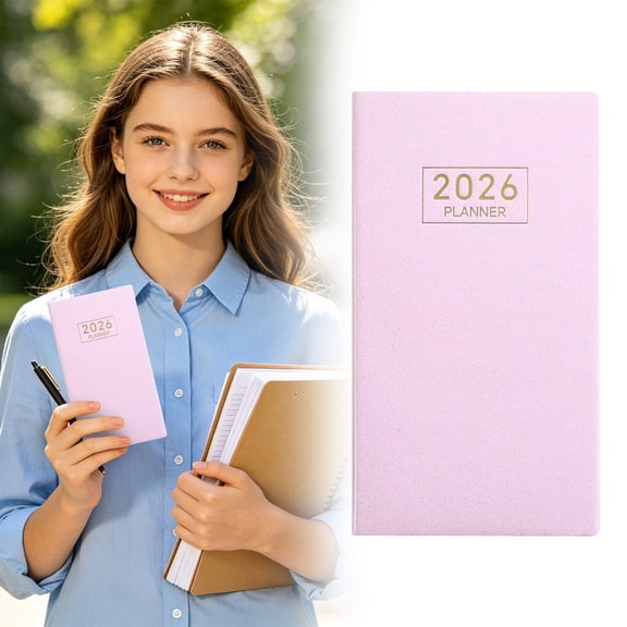 NANDIYNZHI Planner 2026-2027,Pocket Notebook,PU Leather Planner Notebook with Calendar, Daily, Weekly and Monthly Planner,Portable Agenda Planner Notebook for Office Use, Style Pink