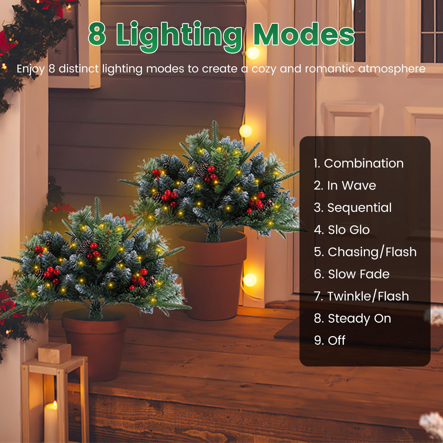 Astoutdoor Lighted Artificial Christmas Tree Urn Filler, 17.72 in, 8 Lighting Modes, 50 Warm LEDs, Auto Timer, IP44 Waterproof, Battery Operated, Indoor Outdoor, 2-Pack