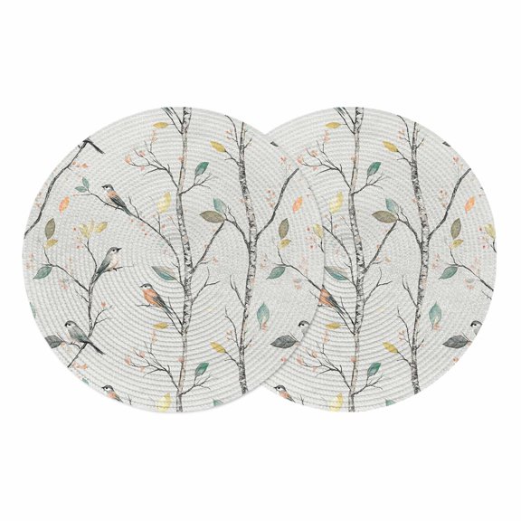 Vintage Botanical Round 13 Inch Placemats Set of 2, Birds Branch Watercolor Leaf HeatResistant Non Slip Place Mats for Dining Table, Wipeable Braided Kitchen Table Mats for Housewarming