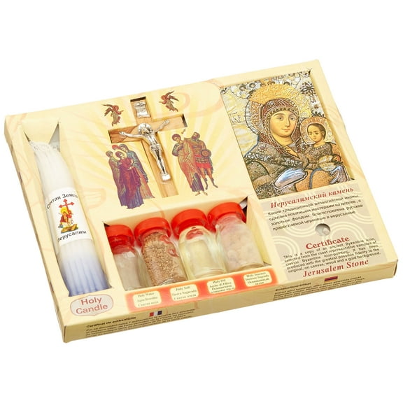 7 in 1 Holy Land Mega Set Holy Water Soil Oil Incense, Crucifix Cross, Candles and Ancient Byzantine Icon by Christianit