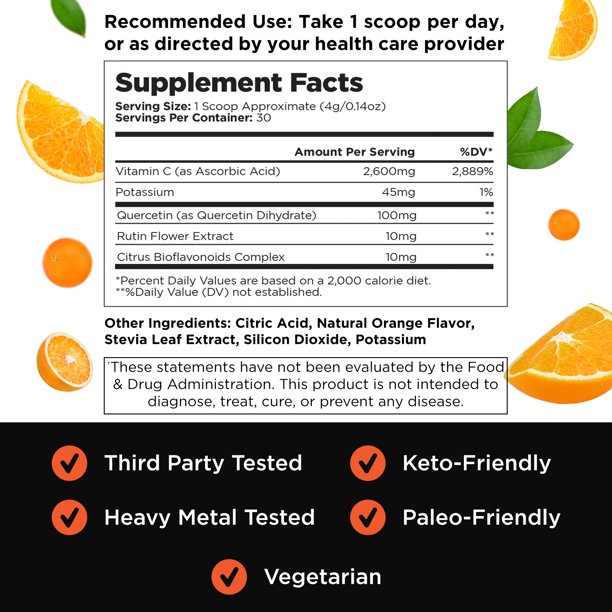 Livingood Daily High Dose Vitamin C Powder Supplement, 2,500 MG Ascorbic Acid Powder Supports Immunity & Skin Health, Powdered Vitamin C with Quercetin, Sweetened with Stevia, Vegan, 30 Servings
