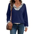 thumbnail image 3 of Camisetas de Larga de Moda de Otoño para Mujer, Sudaderas con Cuello en V y Botones de Patchwork, Tops Casuales Tipo Pulóver Azul Marino M, 3 of 9
