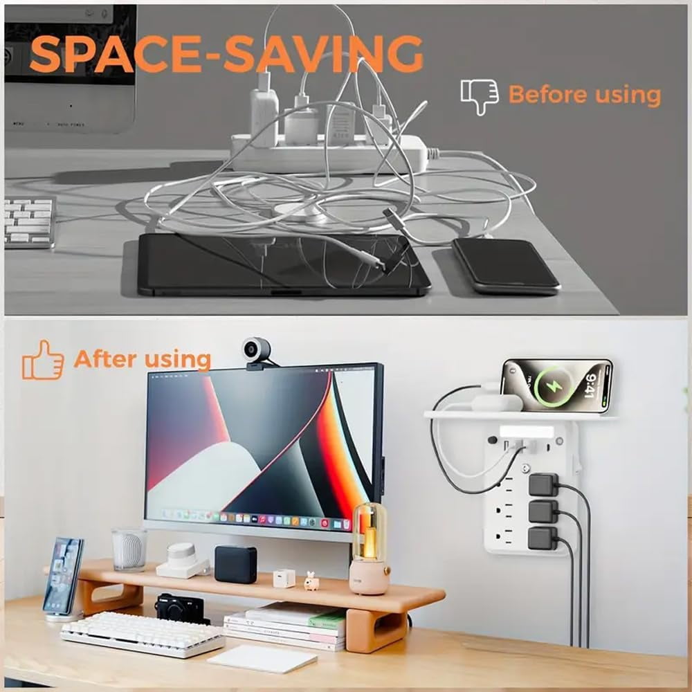 Preliminark Wall Outlet Extender with Shelf Night, Multi-Plug Outlet Splitter with Detachable Mobile Storage Rack, Power Socket Expander USB Wall Charger 6 AC outlets and 3 USB Ports with 1 USB 2pcs