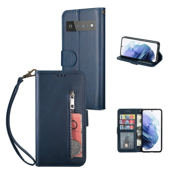 for Google Pixel 6 Case Wallet, Google Pixel 6 Card Pocket Case Premium Magnetic Flip Cover, PU Leather Kickstand Wrist Strap Zipper Card Holder Case for Google Pixel 6, Blue