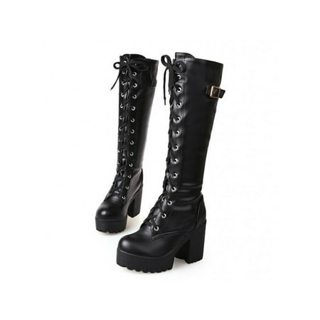 

Difumos Womens Comfort Chunky Knee High Boot Fashion Lace Up Block Heel Boots Walking Casual Heels Black 8