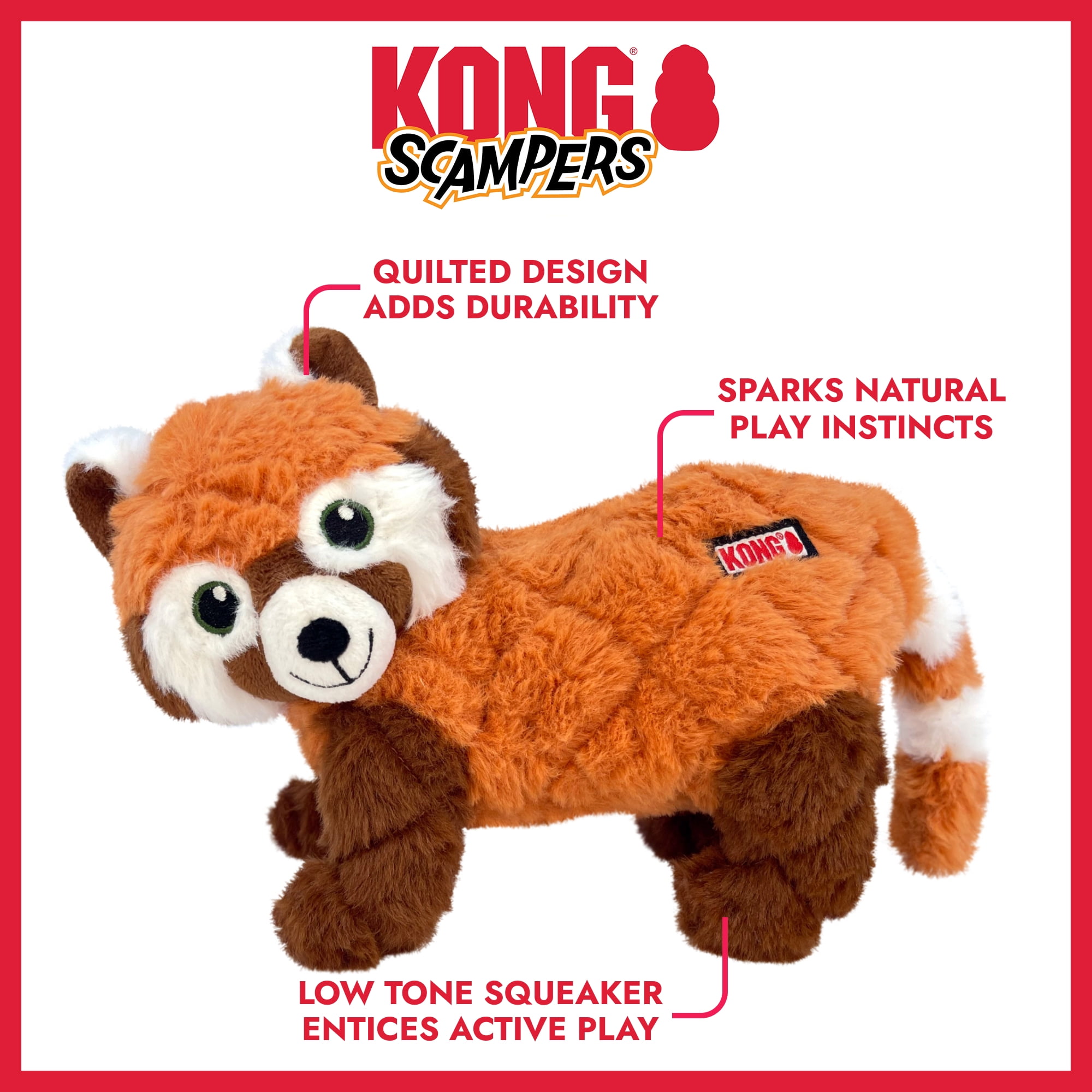 KONG® Scampers Squeaker Plush Dog Toy, Red Panda, Medium