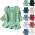 thumbnail image 4 of Embroidered Cotton Linen Tops for Women 3/4 Sleeve V-Neck Summer Boho Peasant Gauze Button Up Shirts Loose Tunics Gauze Blouses, 4 of 4