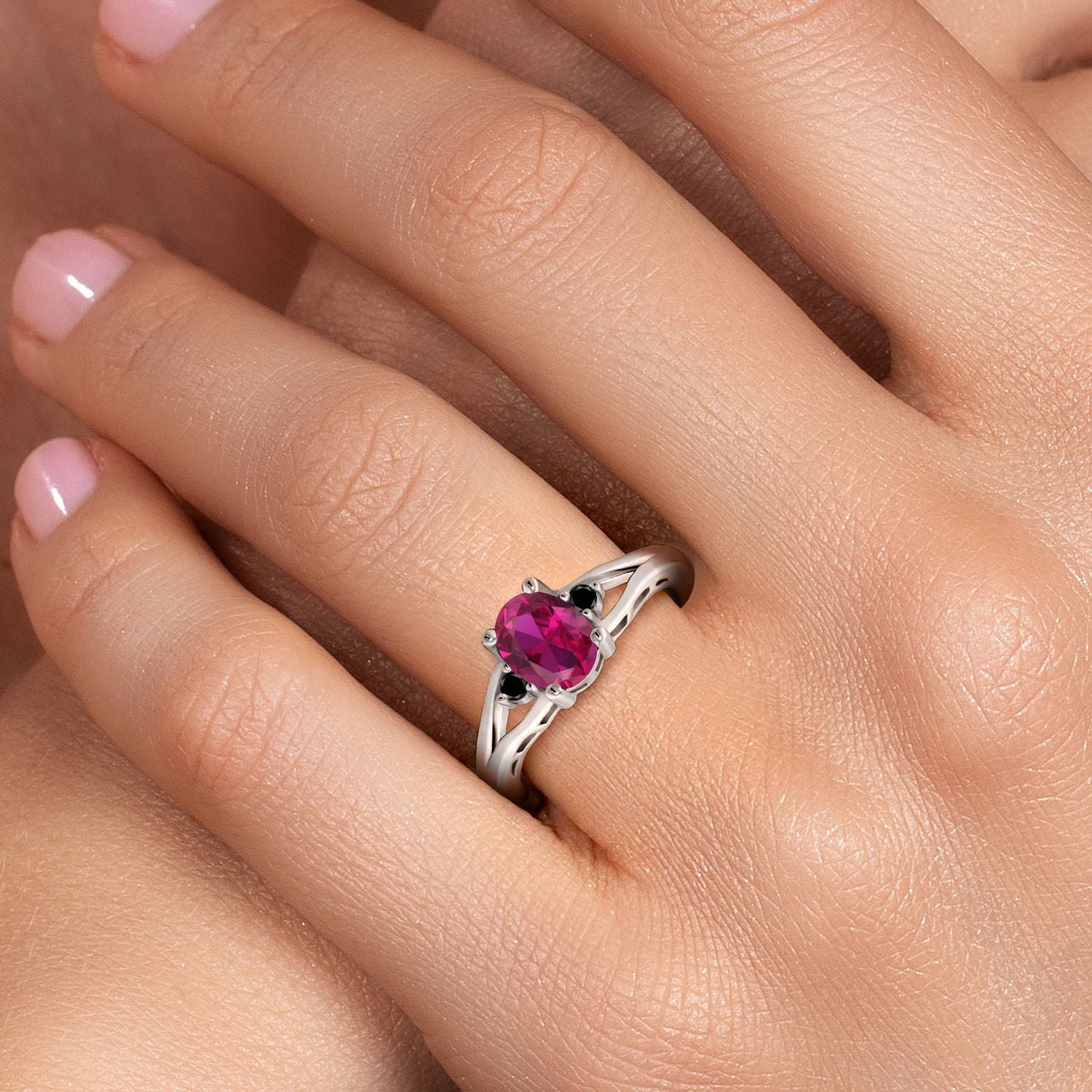 Gem Stone King 925 Sterling Silver Red Created Ruby and Black Diamond 3 Stone Engagement Ring for Women | 1.22 Cttw | Oval 8X6MM | Round 2MM | Gemstone July Birthstone | Size 5