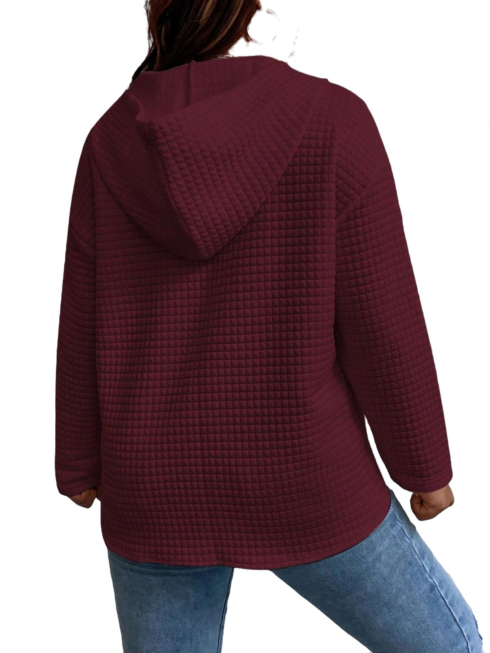 Casual Plain Half Placket Hooded Burgundy Plus Size Sweatshirts ...