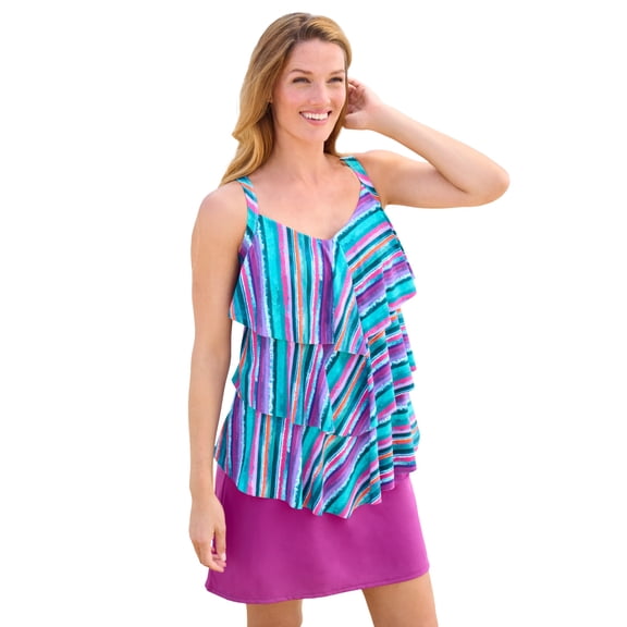 Swim 365 Women's Plus Size Longer-Length V-Neck Tiered-Ruffle Tummy Control Tankini Top