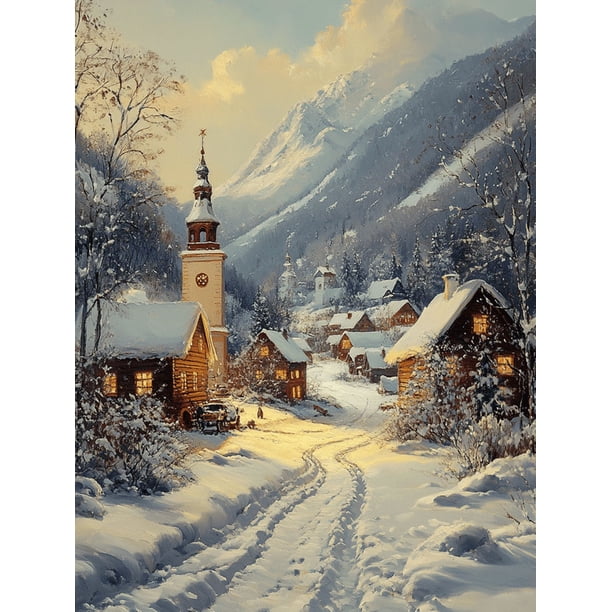 Qisvanset 12x16 Inch 2D Flat Framed Canvas Art, Vintage Winter Village Landscape Country Snow Scene Home Wall Decor