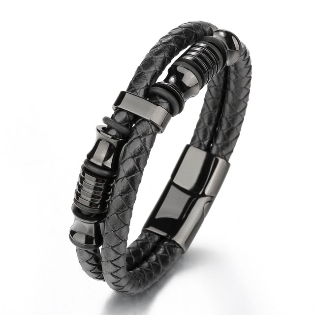 Pulsera de Cuero Negro para Hombre - Cierre Magnético de Acero Inoxidable Negro JM