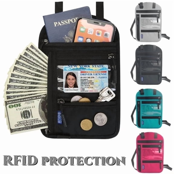 Neck Wallet,RFID Blocking Passport holder Neck Bag,Multi-Pockets Wallet , Travel Pouch (Black)