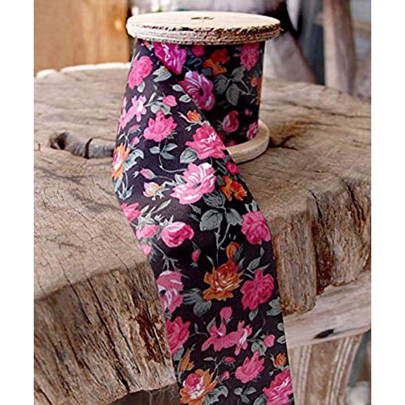 AK-Trading 2" Wide x 10 Yards Vintage Floral Print Ribbon (Black)