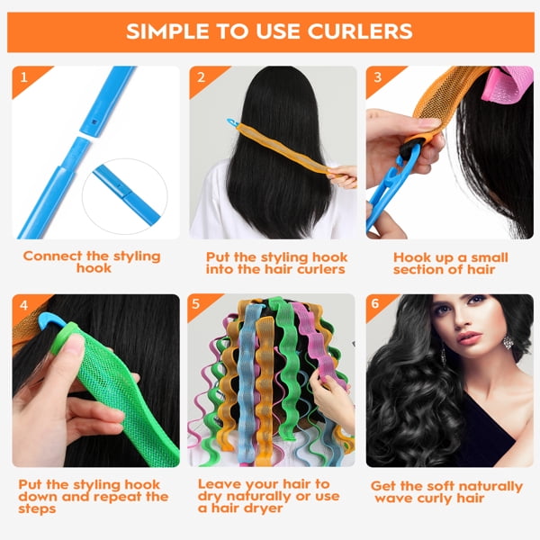 30 Pcs Heatless Hair Curlers Wave Curls Styling Kit with 2 Pcs Styling Hooks, No Heat Hair Curlers for Women Girls