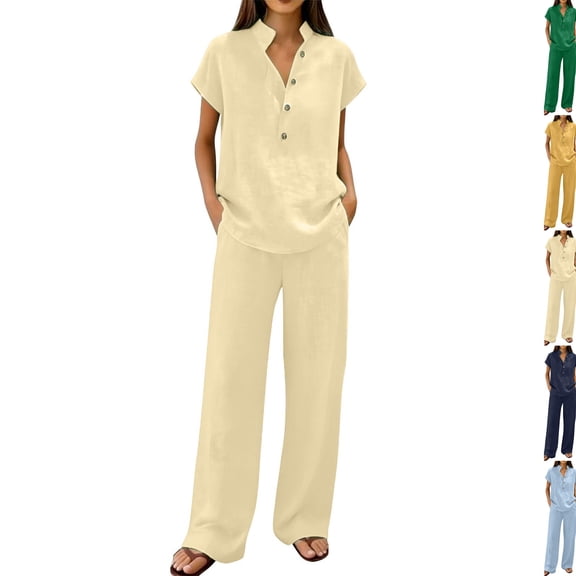 Linen Sets for Women 2 Piece, Short Sleeve Linen Sets Women β Casual Shirt & Wide Leg Pants Outfit for Cozy Style,Khaki,S