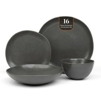 16 Piece Plates and Bowls Set | Everyday Stoneware Dinnerware in Black | Table Set for 4