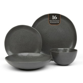 Stone Lain Esme 16-Piece Porcelain Dinnerware Set For 4 - Black Floral, Includes Dinner Plates, Salad Plates, Bowls, Microwave & Dishwasher Safe