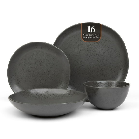 16 Piece Plates and Bowls Set | Everyday Stoneware Dinnerware in Black | Table Set for 4