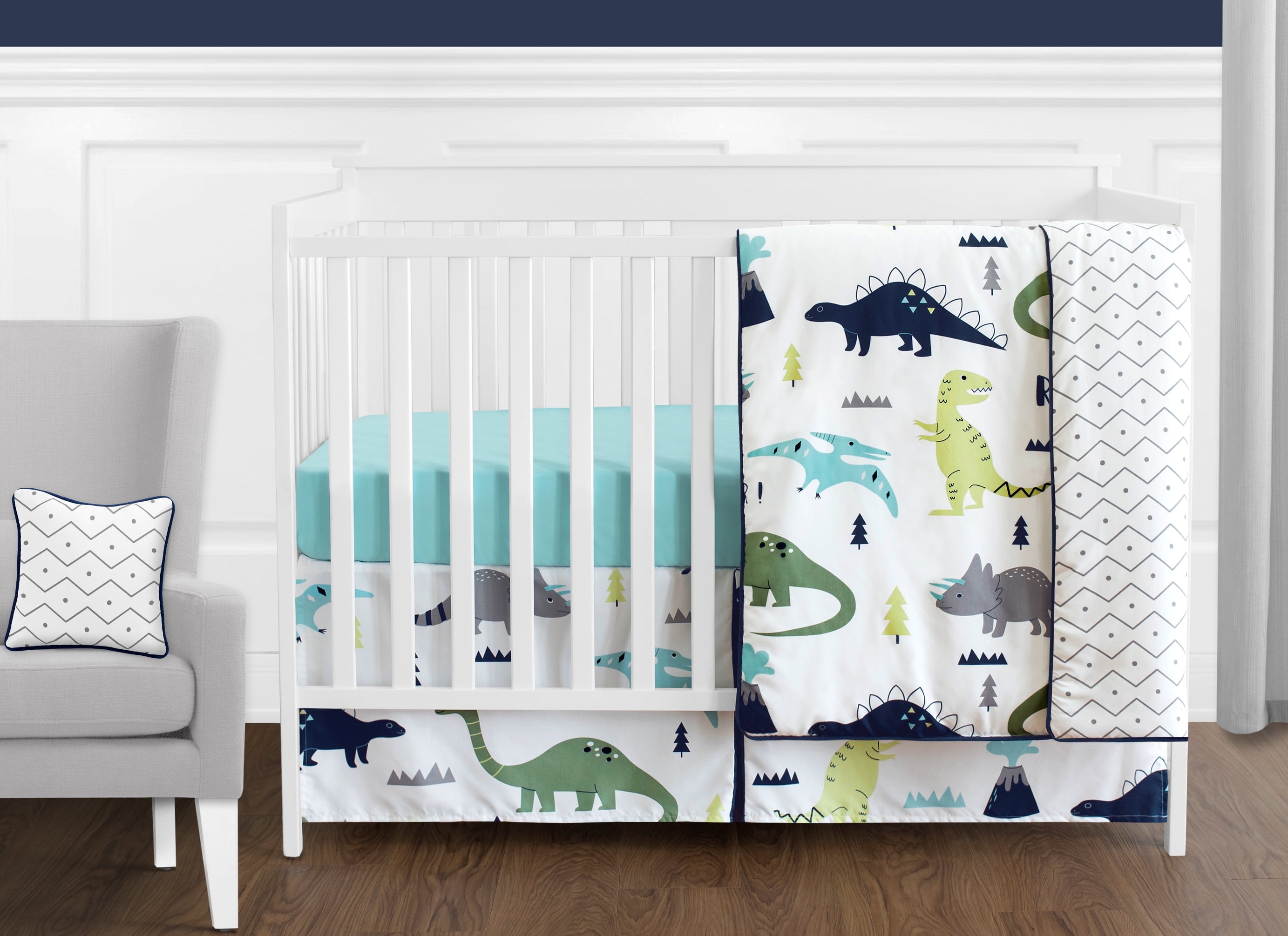 Lambs Ivy Newborn Boy s Dino Blue White 6 Piece Nursery Bedding Set with Comforter and Sheets Walmart